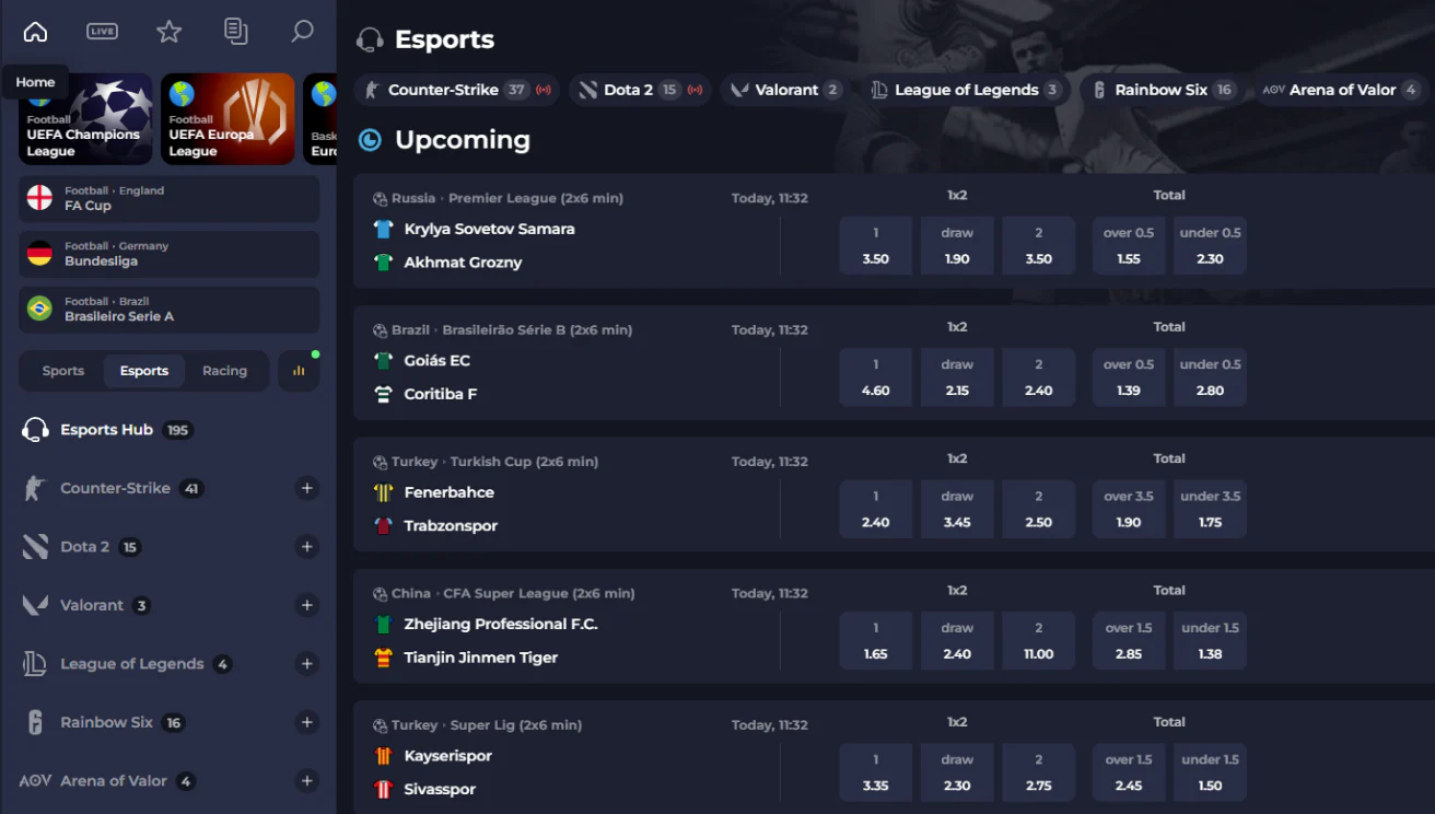 JokaBet esports betting interface featuring Counter-Strike, Dota 2, Valorant and match odds